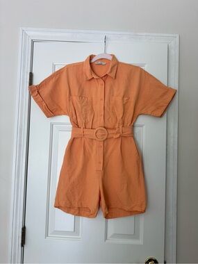 Local European Orange Short-Sleeve Belted Romper